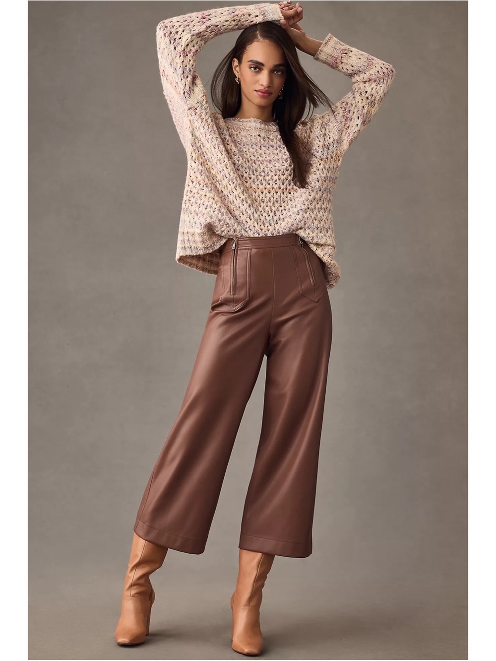 Avec Les Filles Women’s Double Zip Faux Leather Pants Crop Wide Leg Sz 4 Brown